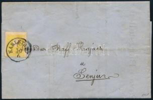 1861 1858 2kr II. tipus kénsárga bélyeg teljes tartalmú nyomtatványon KARLSTADT + a címzett nevének első betűi a bélyegen (érdekes előérvénytelenítés) - Senj