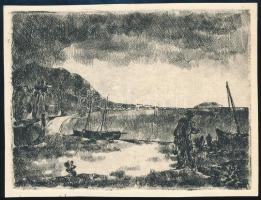 Pohárnok Zoltán (1905-1976): Vitorlások a parton. Rézkarc, papír, jelzés nélkül, 9,5x12,5 cm
