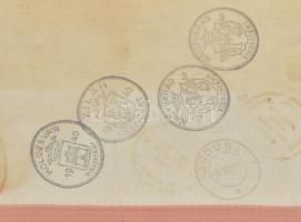 1940 Zászlódarab "Erdély visszatért" pecsétekkel: Kolozsvár, Zilah, Nagyvárad, Dés, Szamos...