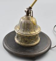 Antik asztali lámpa, bronz, spiáter, csiszolt antik üveg búrával, golyó lábakon álló fa talapzaton, ...