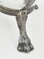 Antik potpourri tartó. Három oroszlánkarmos ezüstözött fém lábon áll, virág alakú üvegbetéttel, jelz...