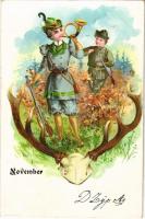 November / Hunter lady with horn and rifle. litho (EK)