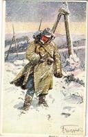 1916 Offizielle Postkarte zu gunsten der Hilfsaktion Kälteschutz Nr. 392. K.H.B. / WWI Austro-Hungarian K.u.K. military art postcard, soldier in the snowstorm s: Tuszynski (EK)