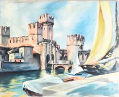 Csóka Béla (1926-2005): Sirmione, Garda-tó. Olaj, vászon, jelzett, kissé sérült.40x50 cm.