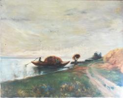 Csóka Béla (1926-2005): Széna hordás hajóval. Olaj, vászon, jelzett, kissé sérült.60x80 cm.