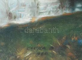 Csóka Béla (1926-2005): Széna hordás hajóval. Olaj, vászon, jelzett, kissé sérült.60x80 cm