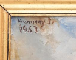 Hunyady István (1939 - ): Balaton télen, Olaj, vászon, jelzett, sérült keretben 60x80 cm