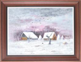 dr. Soós László (1944-2019): Téli este. Olaj, vászon. Jelzett, igényes, minimálisan sérült fa keretben. 50x70 cm