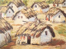 Andruskó Károly (1915-2008): Kunyhók. Olaj, farost. Jelzett, sarkán sérüléssel 42x60 cm