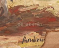 Andruskó Károly (1915-2008): Kunyhók. Olaj, farost. Jelzett, sarkán sérüléssel 42x60 cm