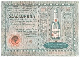 1913. 100 Koronás bankjegy mintájára készült jegyzéklap, Andrényi Kálmán utódai, Arad, szecessziós pezsgő reklám (120x180 mm)