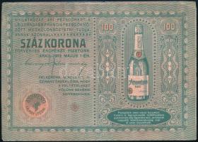 1913. 100 Koronás bankjegy mintájára készült jegyzéklap, Andrényi Kálmán utódai, Arad, szecessziós pezsgő reklám (120x180 mm)