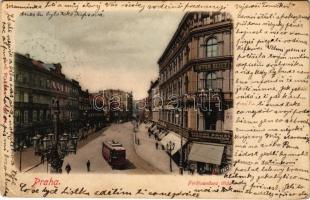 1901 Praha, Prag, Prague; Ferdinandova trída / street view, tram, shops of Anton Seist, Dr. G. Bastyr, J. Benes (EK)