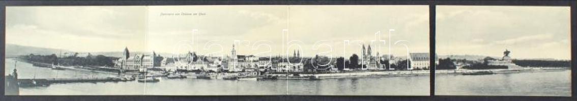 Koblenz, Coblenz; Panorama von Coblenz am Rhein. 4-tiled folding panoramacard (bent til broken)