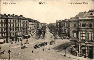 1910 Wien, Vienna, Bécs; Kolowrat Ring, Palais Ludwig Viktor / street view, tram, palace (wet corner)
