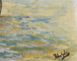 Blahó Lajos (1894 - ) : Dunai halászhajók és uszályok (A Ferenc József híddal). Akvarell, papír, jel...