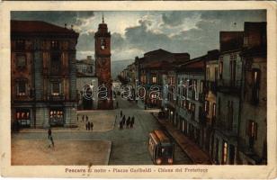 1932 Pescara, Piazza Garibaldi, Chiesa del Protettore / square at night, church, tram (EK)