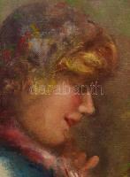 Olvashatatlan jelzéssel, XX. sz. első fele: Lány virágokkal. Olaj, vászon. Javított. Dekoratív, sérü...