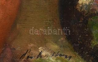 Olvashatatlan jelzéssel, XX. sz. első fele: Lány virágokkal. Olaj, vászon. Javított. Dekoratív, sérü...