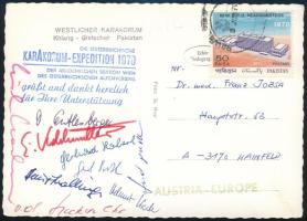Pakisztán 1970 Az osztrák Karakorum-expedíció levelezőlapja Ausztriába a résztvevők aláírásával