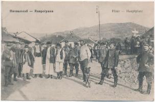 Ruszpolyána, Ruspolyana, Havasmező, Havaskő, Poienile de sub Munte, Ruspoiana (Máramaros); Fő tér, német katonák / Hauptplatz / main square, WWI military, German soldiers (kis szakadás / small tear)