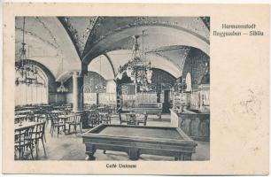 1921 Nagyszeben, Hermannstadt, Sibiu; Café Unicum kávéház, belső biliárdasztalokkal. Jos. Drotleff kiadása / café interior with pool tables (enyhén ázott sarkak / slightly wet corners)