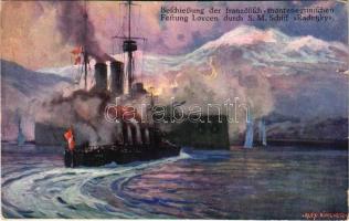 Beschießung der französisch-montenegrinischen Festung Lovcen durch SMS Radetzky (Linienschiffe). K.u.K. Kriegsmarine. Offizielle Postkarte des Österreichischen Flottenvereines zu Gunsten der Kriegsfürsorge. Postkartenverlag Brüder Kohn / WWI Austro-Hungarian Navy SMS Radetzky pre-dreadnought battleship bombing French-Montenegrin fortress Lovcen. s: Alex Kircher (ázott / wet damage)