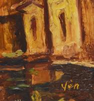 Vén jelzéssel: Vízparti város. Olaj, farost. Dekoratív, sérült fakeretben. 61x50 cm