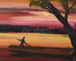 Gábri/Gábry Albert (1935-2004): Csónakos a naplementében. Olaj, farost, jelezve balra lent, fakeretb...