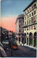 Trieste, street, tram with Milka advertisement, shop of Greinitz, American (USA) flag)