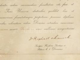 1940 Mesó Vilmos jogászi diplomája. Üvegezett keretben, függőpecsét nélkül. 65x50 cm