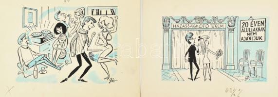 Szegő Gizi (1902-1985): Karikatúrák vázlatai. 15 db. Vegyes technika, papír, mind jelzett. Többségén...