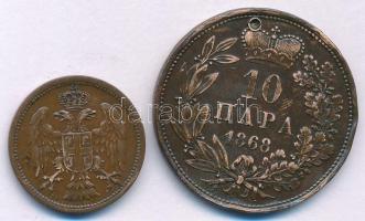 Szerbia 1868. 10p bronz "III. Obrenovics Mihály" + 1904. 2p bronz T:XF,VF az egyiken lyuk,...