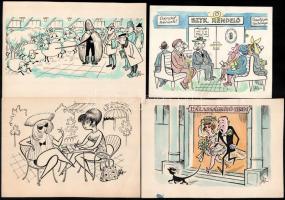 Szegő Gizi (1902-1985): Karikatúrák vázlatai. 16 db. Vegyes technika, papír, mind jelzett. Többségén...