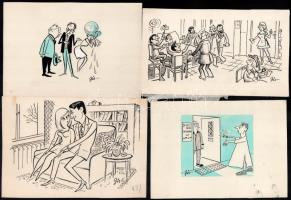 Szegő Gizi (1902-1985): Karikatúrák vázlatai. 16 db. Vegyes technika, papír, mind jelzett. Többségén...