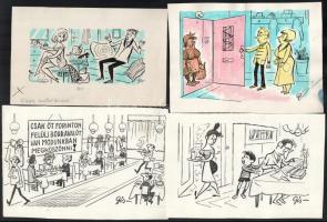 Szegő Gizi (1902-1985): Karikatúrák vázlatai. 16 db. Vegyes technika, papír, mind jelzett. Többségének hátoldalán "Ludas Matyi Szerkesztősége" bélyegzővel. 13,5x18 cm és 20x20 cm közötti méretekben.