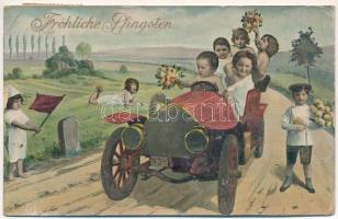 Fröhliche Pfingsten / Pentecost greeting art postcard with children and automobile (r)