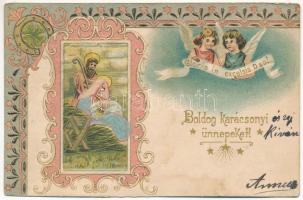 1901 Boldog karácsonyi ünnepeket / Christmas greeting art postcard. Art Nouveau, floral, Emb. litho (ázott / wet damage)