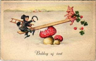 1937 Boldog Újévet / New Year greeting art postcard with chimney sweeper and pig on a seesaw, horseshoe, mushrooms, clovers (EK)