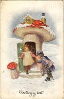 1937 Boldog Újévet / New Year greeting art postcard with mushroom house. B.K.W.I. 3137-4. s: J. Kränzle (kis szakadás / small tear)