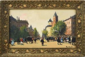 Berkes Antal (1874-1938): Nagyvárosi forgatag. Olaj, karton. Jelezve jobbra lent. 19,5x32,5 cm. Dekoratív fakeretben. / oil on board, signed, framed