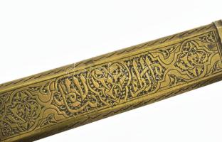 Antik indiai réz utazó írókészlet, tolltartó és tintatartó résszel, jó állapotban, h: 21,5 cm