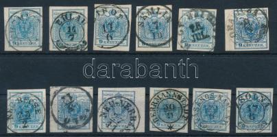 1850 12 db 9kr válogatott bélyegzésekkel, közte ívszéliek, lemezhibák, színváltozatok