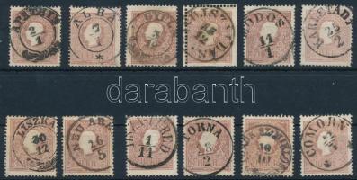 1858 12 db 10kr válogatott bélyegzésekkel, közte I. és II. típus, lemezhibák, színváltozatok