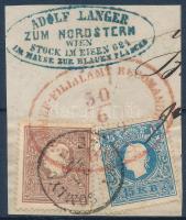 1858 10kr + 15kr levéldarabon SZILÁGY SOMLYÓ és piros WIEN bélyegzéssel, luxus minőségben