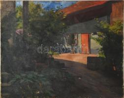 Szopos Sándor (1881-1954): Erdélyi udvar (1925?), olaj, vászon, jelezve balra fent, kissé sérült, 58×72 cm / oil on canvas, signed, slightly damaged