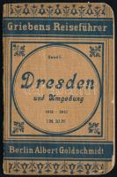 Dresden und Umgebung. Praktischer Reiseführer. Neu bearbeitet von B. Schlegel. Griebens Reiseführer Band 5. Berlin, 1912-1913, Albert Goldschmidt, 2 sztl. lev.+ 119+(1) p.+ 1 (kihajtható térkép) t. Német nyelven. Kiadói papírkötés, kissé sérült borítóval, a címlap előtt egy lap hiányzik.