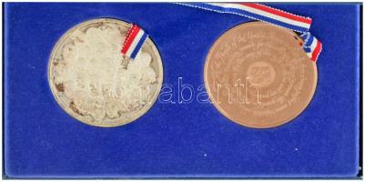 Amerikai Egyesült Államok 1976. Bicentenárium 1776-1976 kétoldalas, peremükön jelzett Ag és bronz emlékérempár eredeti Franklin Mint dísztokban (132,01g/0.925/63mm) T:UNC (eredetileg PP) patina, folt USA 1976. Bicentennial Medal 1776-1976 double sided, Ag and bronze medallions, hallmarked on the edge, in original Franklin Mint case (132,01g/0.925/63mm) C:UNC (originally PP) patina, folt