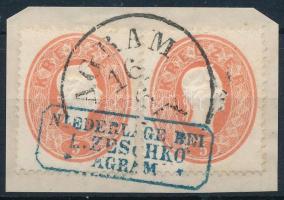 1861 2 x 5kr kivágáson, AGRAM + kék cégbélyegzős előérvénytelenítéssel. Ritka szép darab! / 1861 2 x 5kr on cutting, AGRAM + blue business postmark. RR!