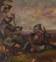 Jelzés nélkül: Katonák a vízparton. Olaj, vászon. Dekoratív fakeretben. 28x34 cm